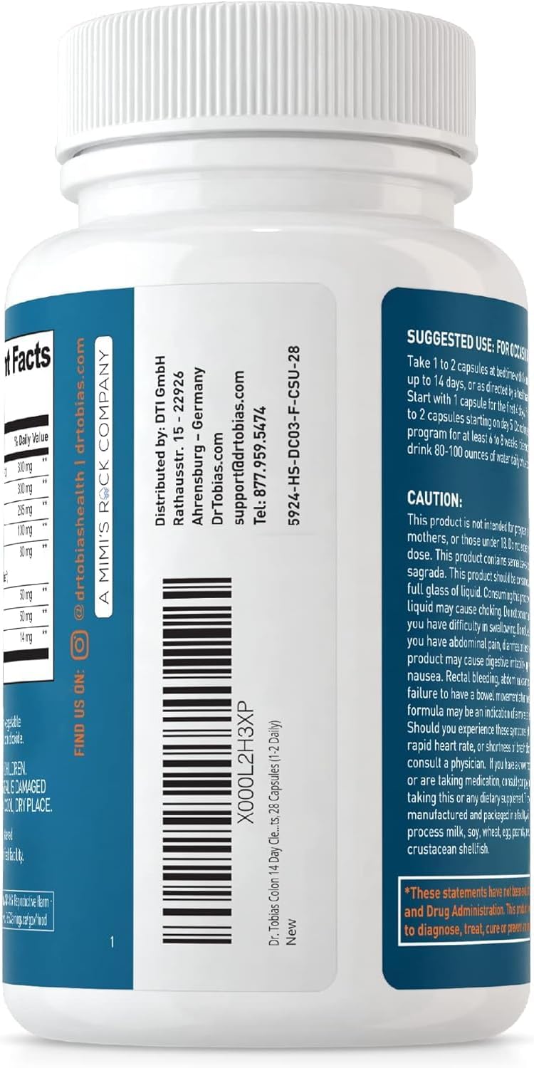 Dr. Tobias Colon 14 Day Cleanse, Advanced Gut Cleanse Detox for Women & Men with Cascara Sagrada, Psyllium Husk, Senna Leaf & Probiotics, Non-GMO Colon Cleanse, 1 Bottle of 28 Capsules (1-2 Daily)
