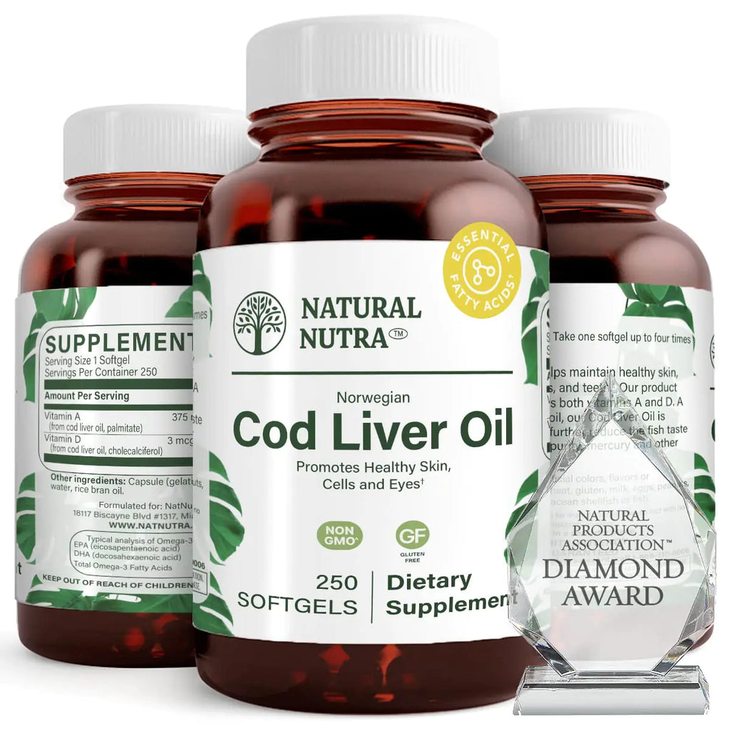 Natural Nutra Norwegian Cod Liver Oil Supplement Helps to Maintain Skin Body Density and Eye Health Promotes Dental Health and Supports Cardiovascular Health 250 Softgels