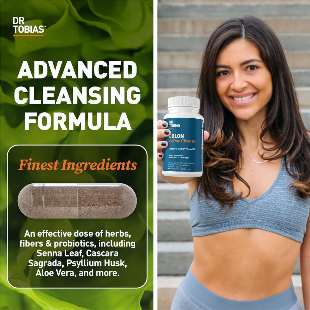 Dr. Tobias Colon 14 Day Cleanse, Advanced Gut Cleanse Detox for Women & Men with Cascara Sagrada, Psyllium Husk, Senna Leaf & Probiotics, Non-GMO Colon Cleanse, 1 Bottle of 28 Capsules (1-2 Daily)