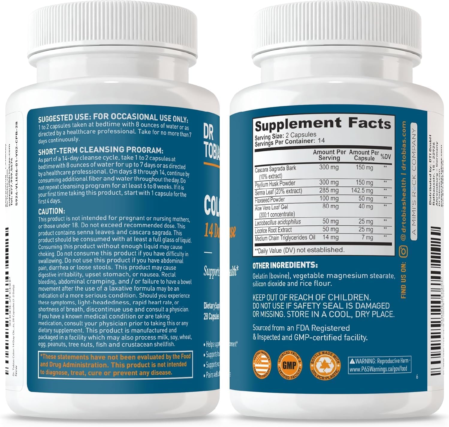 Dr. Tobias Colon 14 Day Cleanse, Advanced Gut Cleanse Detox for Women & Men with Cascara Sagrada, Psyllium Husk, Senna Leaf & Probiotics, Non-GMO Colon Cleanse, 1 Bottle of 28 Capsules (1-2 Daily)