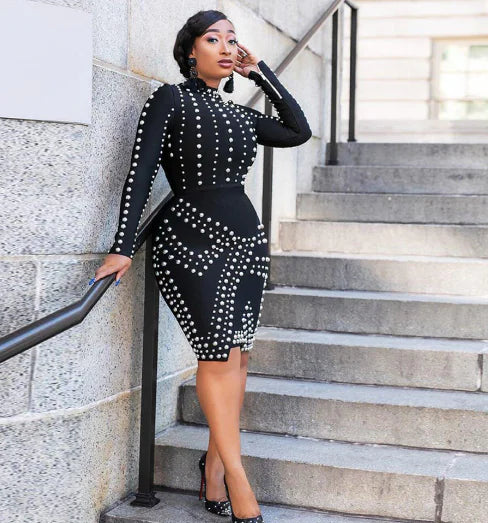 Beaded Long Sleeve Bodycon Dress for Women