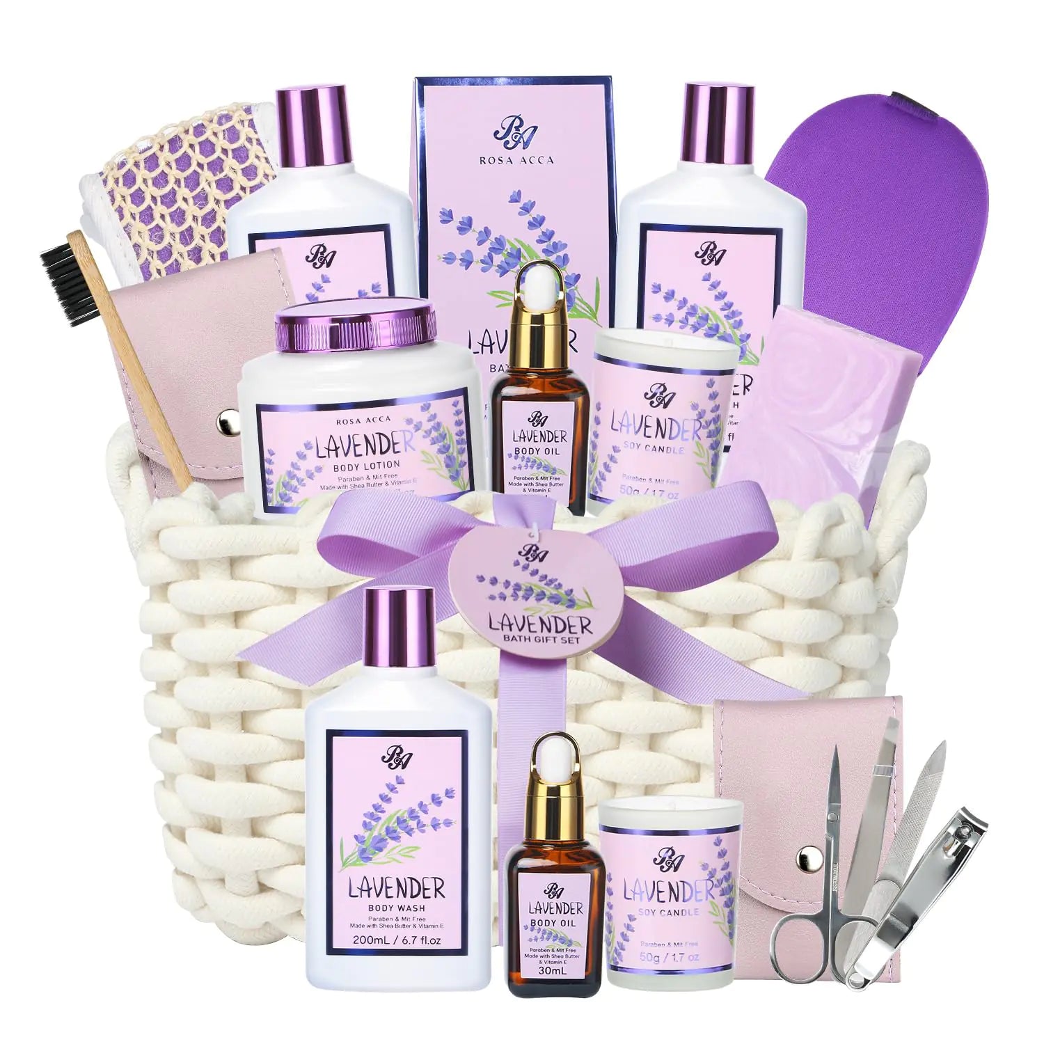 Spa Gifts for women - Rosa Acca 12pcs Spa Gift Baskets Lavender Scented includes Body Wash Bubble Bath Manicure Set. Gifts for Mom Birthday Gifts Home Spa Kit Gift for Her