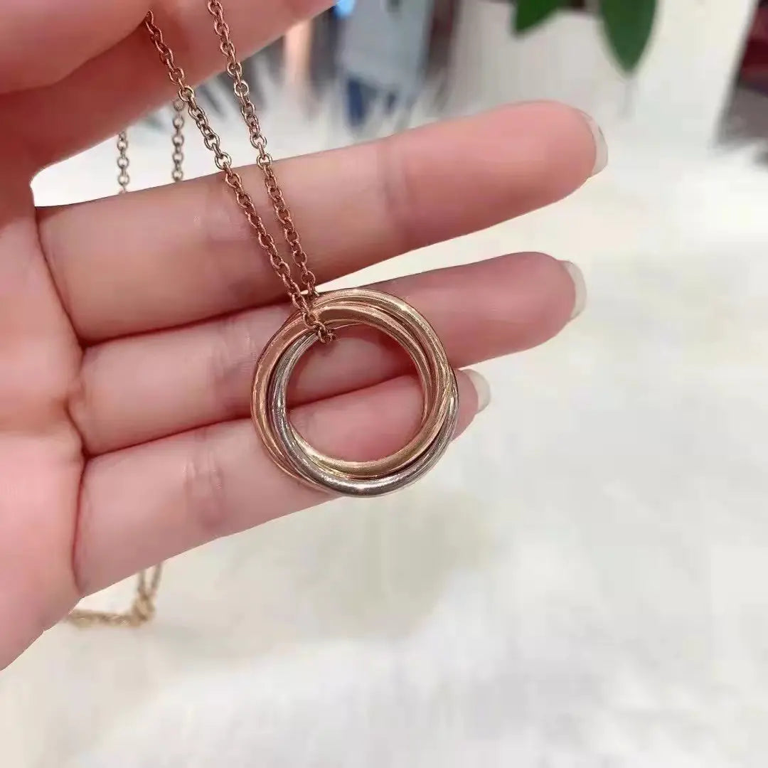 V-Gold Plated Triple Circle Pendant Necklace for Women