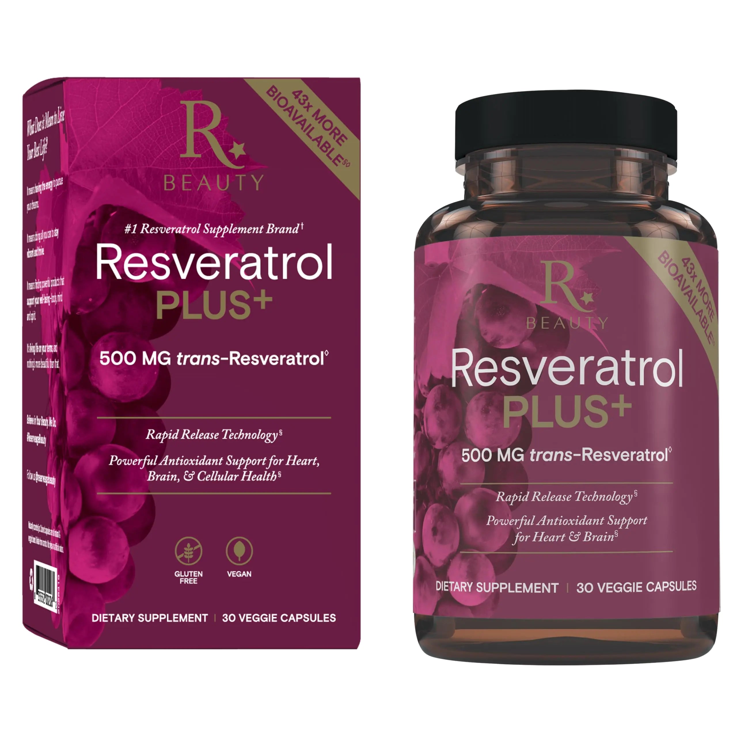 Reserveage Beauty Resveratrol Plus+ 500 mg - Rapid-Release Resveratrol Capsules with Quercetin for Immune System Brain Health & Cellular Health - Gluten-Free & Vegan - 30 Veggie Capsules