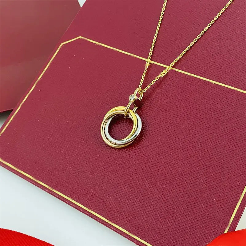 V-Gold Plated Triple Circle Pendant Necklace for Women