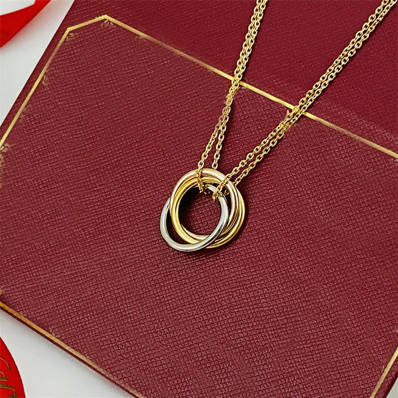 V-Gold Plated Triple Circle Pendant Necklace for Women