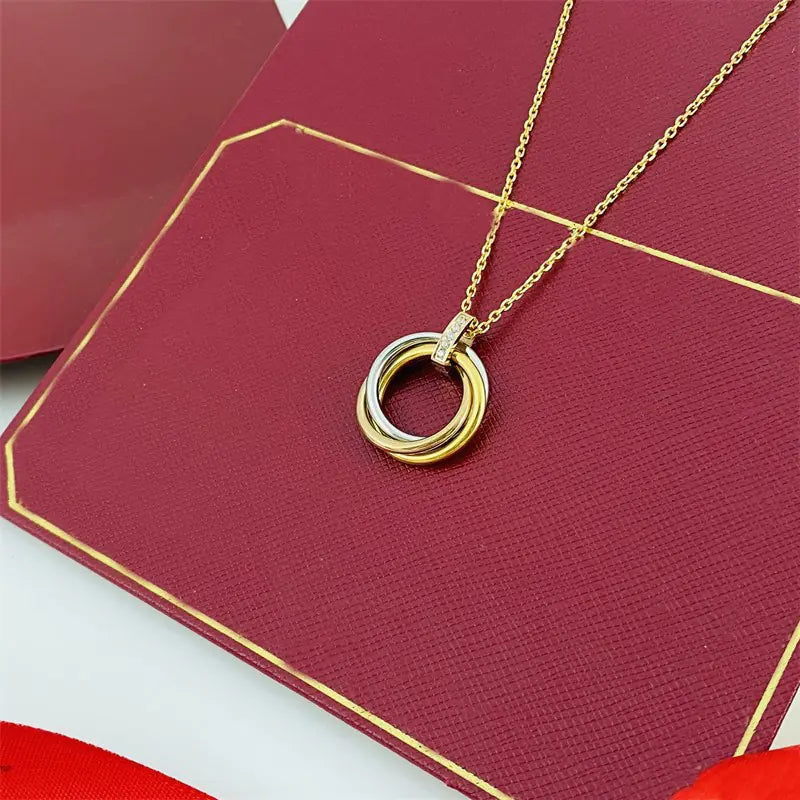 V-Gold Plated Triple Circle Pendant Necklace for Women