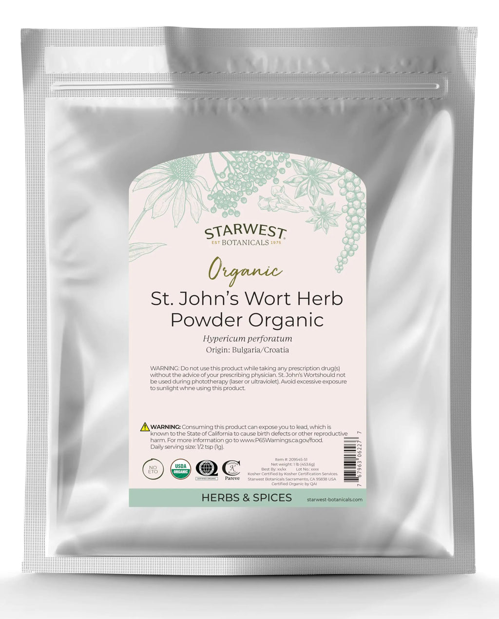 Starwest Botanicals Organic St. Johns Wort Herb Powder 1 Pound